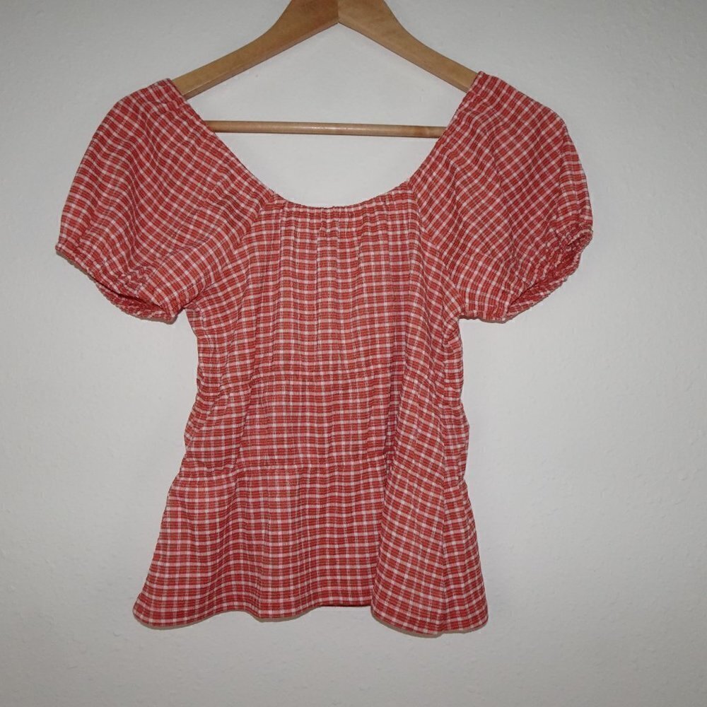 Madewell Omaha Tiered Top Women's Size S Orange Gingham Square Neck - Picture 6 of 9